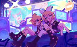 1boy 1girl :d absurdres artist_request blonde_hair blue_eyes bow bright_pupils copyright_notice crossed_legs fang hair_bow hair_ornament hairclip hatsune_miku headset highres kagamine_len kagamine_rin looking_at_viewer muse_dash official_art open_mouth short_hair sitting smile stage television vocaloid white_bow white_pupils