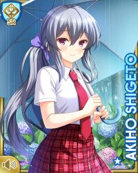 1girl bow breasts card_(medium) character_name closed_mouth day female_focus flower girlfriend_(kari) grey_hair long_hair necktie official_art outdoors plaid_clothes plaid_skirt purple_bow qp:flapper red_neckwear red_skirt school_uniform shigeto_akiho shirt skirt smile socks standing tagme umbrella white_shirt