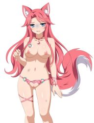 1girl animal_ears bikini blue_eyes blush breasts bruise crotchless crotchless_panties female_focus fox_ears fox_girl fox_tail game_cg injury jewelry large_breasts legs long_hair navel necklace nipples nude o-ring o-ring_bottom o-ring_panties panties pussy red_hair sakura_dungeon shiny_skin simple_background solo swimsuit tail uncensored underwear white_background yomi_(sakura_dungeon)