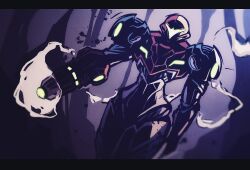 1girl absurdres arm_cannon armor commentary dutch_angle helmet highres hoodedmask letterboxed metroid metroid_dread nintendo power_armor power_suit_(metroid) samus_aran smoke solo weapon