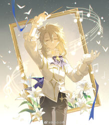 1boy albedo_(genshin_impact) arm_up black_pants blonde_hair blue_ribbon buttons cecilia_flower_(genshin_impact) closed_eyes collar conductor conductor_baton flower frilled_collar frilled_sleeves frills genshin_impact gold_trim hair_between_eyes ling_yu_xiaoyan male_focus music musical_note neck_ribbon pants picture_frame ribbon scar scar_on_neck shirt vision_(genshin_impact) white_flower white_shirt