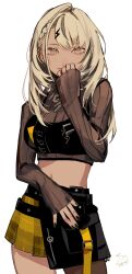 absurdres black_nails blonde_hair braid commentary_request cowboy_shot earclip earrings hair_ornament hand_to_own_mouth highres jewelry kaminari_qpi kaminari_qpi_(5th_costume) lightning_bolt lightning_bolt_earrings lightning_bolt_hair_ornament lightning_bolt_symbol long_hair long_sleeves looking_at_viewer midriff miniskirt nail_polish official_alternate_costume orange_eyes signature simple_background single_braid skirt virtual_youtuber vspo! white_background yellow_skirt zoramaruta