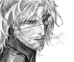 1boy absurdres beard eyepatch facial_hair greyscale highres male_focus medium_hair monochrome old old_man punishing:_gray_raven solo watanabe_(pgr) yol_yoola