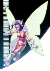 1girl belt bikini boots breasts butterfly_hair_ornament butterfly_wings chiyoko_(chokochokotto) cleavage closed_mouth commentary_request covered_eyes digimon digimon_(creature) elbow_gloves facial_mark fairimon full_body garter_straps gloves hair_intakes hair_ornament hairband highres insect_wings long_hair medium_breasts midriff navel outline parted_bangs purple_belt purple_bikini purple_boots purple_gloves purple_hair purple_hairband shoulder_pads skindentation smile solo swimsuit thigh_boots thigh_gap visor wings