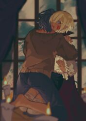 Rule 34 | 2boys, absurdres, aoba tsumugi, arms around neck, ass, barefoot, biting, black cape, black shorts, bleeding, blonde hair, blood, blood from mouth, blood on face, blood on neck, blue eyes, blue hair, blue pants, bow, bright pupils, brown sweater, candle, cape, chinese commentary, collared cape, commentary request, curtains, drinking blood, ear piercing, ensemble stars!, fire, frilled sleeves, frills, from behind, full body, hair over one eye, high-waist shorts, high collar, highres, hug, injury, kneeling, long sleeves, luofengji, male focus, messy hair, monsterification, multiple boys, neck biting, pants, piercing, pointy ears, puffy long sleeves, puffy sleeves, red cape, shirt, short hair, shorts, sitting, sitting on lap, sitting on person, sleeve bow, sleeves past wrists, sweater, tenshouin eichi, thighhighs, torn clothes, torn thighhighs, two-sided cape, two-sided fabric, vampire, white bow, white pupils, white shirt, white thighhighs, window, yaoi