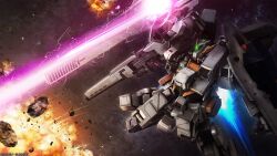 Rule 34 | absurdres, advance of zeta, asteroid, beam cannon, beam rifle, company name, copyright notice, debris, destruction, energy, energy gun, explosion, gundam, gundam battle operation 2, gundam tr-1 hazel, gundam tr-1 hazel owsla, highres, holding, holding weapon, machinery, mecha, mecha focus, mobile suit, no humans, official art, reactive armor, realistic, robot, scan, science fiction, shield, shoulder cannon, solo, sunrise (company), tenjin hidetaka, thrusters, titans (gundam), traditional media, v-fin, weapon