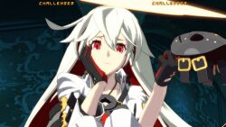 1girl 3d animated animated_gif arc_system_works ass candy female_focus fingernails_over_gloves food game_screenshot guilty_gear guilty_gear_xrd halo jack-o&#039;_valentine jewelry lollipop long_hair looking_at_viewer multicolored_hair necklace red_eyes red_hair solo subtitled two-tone_hair white_hair