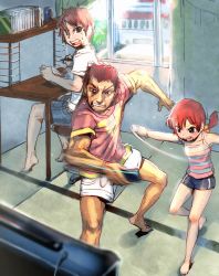 1girl 2boys barefoot blue_eyes book bow_(bhp) controller desk game_console game_controller glasses highres multiple_boys original playing_games red_hair shorts single_vertical_stripe striped tank_top wii wii_remote window