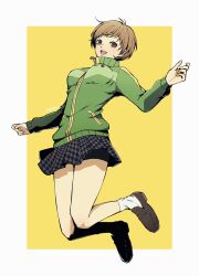 1girl black_skirt breasts brown_eyes brown_hair brown_shoes full_body green_jacket highres jacket jumping open_mouth persona persona_4 pppppknw satonaka_chie shoes short_hair skirt smile solo teeth upper_teeth_only