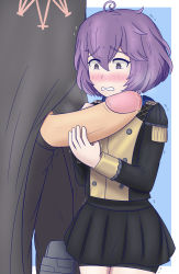 1boy 1girl absurdres age_difference bernadetta_von_varley blush male_byleth_(fire_emblem) erection fire_emblem fire_emblem:_three_houses garreg_mach_monastery_uniform grey_eyes handjob hetero highres intelligent_systems large_penis leud leud_de_grace long_sleeves nintendo out_of_frame penis penis_awe penis_hold precum purple_hair rubbing scared school_uniform short_hair size_difference skirt solo_focus staring teacher_and_student trembling uncensored