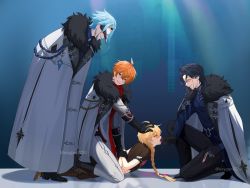 4boys absurdres aether_(genshin_impact) ahoge biting black_gloves black_hair blonde_hair blue_bodysuit blue_eyes blue_hair bodysuit braid brown_shirt dottore_(genshin_impact) biting_finger fur genshin_impact gloves grey_jacket grey_pants hair_between_eyes highres jacket jewelry long_hair long_sleeves male_focus mask multiple_boys orange_hair oxygen_(0220) pantalone_(genshin_impact) pants shirt short_hair single_braid smile tartaglia_(genshin_impact) yellow_eyes