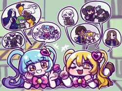 Rule 34 | +++, + +, 2boys, 2others, 6+girls, ;d, armband, black hair, blindfold, blue dress, blue eyes, blue hair, bow, commentary request, dark-skinned male, dark skin, don quixote (project moon), dress, e.g.o (project moon), faust (project moon), gauntlets, green eyes, green hair, hair ornament, headpat, heart, heart hair ornament, highres, holding, holding smoking pipe, in the name of love and hate (e.g.o), jester of nihil, king of greed, knight of despair, korean commentary, limbus company, lobotomy corporation, lobotomy corporation (identity) (project moon), long sleeves, lying, magic bullet (e.g.o), multiple boys, multiple girls, multiple others, nra 3614, on stomach, one eye closed, open mouth, outis (project moon), penitence (e.g.o), pink bow, pink nails, project moon, queen of hatred, red eyes (e.g.o), regret (e.g.o), rodion (project moon), ryoshu (project moon), servant of wrath, sharp teeth, sleeveless, smile, smoking pipe, solemn lament (e.g.o), speech bubble, star (symbol), star in eye, symbol in eye, teardrop facial mark, teeth, the sword sharpened with tears (e.g.o), tiara, two side up, white hair, yellow dress, yellow eyes, yi sang (project moon)