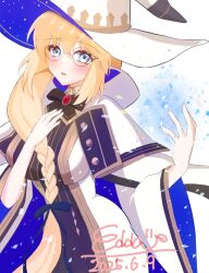 1girl aesc_(fate) aesc_(rain_witch)_(fate) artist_name blonde_hair blue_eyes blush braid edda_(kaimu0930) fate/grand_order fate_(series) glasses hair_between_eyes hat highres long_hair looking_at_viewer single_braid solo very_long_hair witch_hat