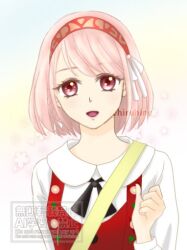 1girl braid fire_emblem fire_emblem_engage grey_hairband hairband hiruhino lapis_(fire_emblem) looking_at_viewer nintendo pink_eyes pink_hair red_hairband ribbon shirt_under_dress short_hair side_braid solo two-tone_hairband white_ribbon
