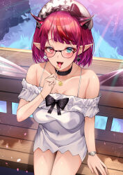 1girl alternate_costume aqua_eyes bare_shoulders black_bow black_bowtie black_choker blush bow bowtie breasts candy choker collarbone commentary covered_navel dress dress_bow earrings feet_out_of_frame food glasses hashtag-only_commentary heterochromia highres holding holding_candy holding_food holding_lollipop hololive hololive_english horns irys_(hololive) jewelry licking licking_food lollipop looking_at_viewer medium_breasts misa_pika multicolored_hair necklace on_bench open_mouth pointy_ears purple_eyes purple_hair short_hair sitting solo two-tone_hair virtual_youtuber watch white_dress wristwatch
