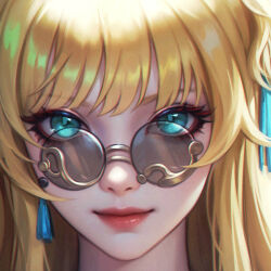1girl aqua_eyes blonde_hair closed_mouth commentary_request glasses honkai_(series) honkai_impact_3rd long_hair looking_at_viewer pince-nez portrait round_eyewear solo songque sunglasses tassel wo_jiushi_kanbudong