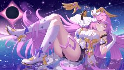1girl absurdres afloat black_shorts boots breasts chinese_commentary cleavage commentary_request corset diamond-shaped_pupils diamond_(shape) elysia_(herrscher_of_human:_ego)_(honkai_impact) elysia_(honkai_impact) evil_king gloves highres honkai_(series) honkai_impact_3rd long_hair looking_at_viewer pink_hair purple_eyes short_shorts shorts sky smile solo star_(sky) starry_sky symbol-shaped_pupils thighs veil very_long_hair water white_boots white_corset white_gloves white_veil