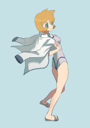 1girl bare_legs blue_eyes breasts closed_mouth competition_swimsuit covered_navel green_eyes gym_leader hair_between_eyes jacket jacket_on_shoulders legs looking_at_viewer misty_(pokemon) nintendo one-piece_swimsuit open_clothes open_jacket orange_hair pokemon pokemon_gsc pokemon_hgss sandals short_hair small_breasts smile solo standing swimsuit thighs white_jacket white_one-piece_swimsuit