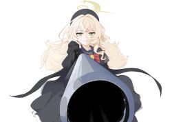 Rule 34 | 1girl, antique firearm, beret, black coat, black hat, black sailor collar, black serafuku, blonde hair, blue archive, bow, bowtie, coat, expressionless, firearm, firelock, flintlock, fluffy hair, green eyes, gun, halo, hat, highres, holding, holding gun, holding weapon, looking at viewer, mandara3a, open clothes, open coat, professor niyaniya (blue archive), red bow, red bowtie, sailor collar, school uniform, serafuku, side ahoge, solo, weapon, white background, yellow halo