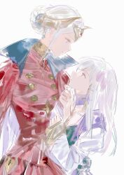 2girls alternate_hairstyle black_gloves cape closed_mouth collarbone collared_cape couple detached_collar dress edelgard_von_hresvelg edelgard_von_hresvelg_(timeskip) fake_horns fire_emblem fire_emblem:_three_houses from_side gloves hair_between_eyes hair_bun hair_down hair_ornament hair_up hand_on_another&#039;s_waist hand_on_own_chin hand_up headpiece height_difference high_collar highres horns leaning_on_person long_hair long_sleeves looking_at_another looking_down looking_up lysithea_von_ordelia lysithea_von_ordelia_(timeskip) maouasuka multiple_girls nintendo pink_eyes pink_hair puffy_long_sleeves puffy_sleeves purple_eyes red_cape simple_background single_hair_bun standing white_background white_hair wide_sleeves yuri