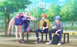 Rule 34 | &gt; &lt;, 2boys, 2girls, aoyagi touya, azusawa kohane, ball, basketball (object), basketball court, black hair, black pants, black shorts, blonde hair, blue eyes, blue hair, blue jacket, blue shorts, colorful palette, drink, full body, game cg, gradient hair, grey eyes, grey shirt, grey shoes, highres, holding, holding drink, jacket, long hair, multicolored hair, multicolored shoes, multiple boys, multiple girls, official art, open clothes, open jacket, open mouth, orange hair, pants, park, pink shirt, profile, project sekai, purple shoes, shadow, shinonome akito, shiraishi an, shirt, shoes, shorts, sitting, split-color hair, the vivid old tale (project sekai), third-party source, tree, two-tone hair, vivid bad squad (project sekai), white shirt, white shoes, yellow shirt, yellow shoes