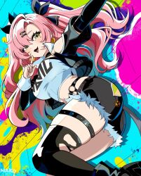 1girl :d black_thighhighs breasts cleavage crop_top feet_out_of_frame fur-trimmed_shorts fur_trim green_eyes hair_ornament hairclip highres kurimako large_breasts long_hair looking_at_viewer midriff mole mole_under_eye nicole_demara open_mouth pink_hair shirt short_shorts shorts smile solo thigh_strap thighhighs torn_clothes torn_thighhighs white_shirt zenless_zone_zero