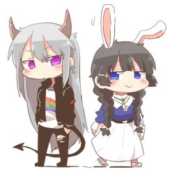 2girls :&gt; animal_ears bag black_hair black_jacket black_pants black_shoes blue_eyes blue_shirt blush_stickers braid chibi closed_mouth demon_girl demon_horns demon_tail grey_hair hair_over_shoulder higuchi_kaede higuchi_kaede_(2nd_costume) horns jacket kemonomimi_mode long_hair low_twintails multiple_girls nijisanji open_clothes open_jacket pants puffy_short_sleeves puffy_sleeves purple_eyes rabbit_ears rabbit_girl rabbit_tail rebecca_(keinelove) sandals shadow shirt shoes short_sleeves shoulder_bag simple_background skirt tail torn_clothes torn_pants tsukino_mito tsukino_mito_(street_casual) twin_braids twintails very_long_hair virtual_youtuber white_background white_sandals white_shirt white_skirt