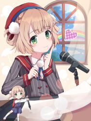 2girls absurdres beret collared_shirt green_eyes grey_shirt hat heart highres holding holding_pen indie_virtual_youtuber kazura looking_at_viewer microphone multiple_girls paper pen pom_pom_(clothes) rainbow red_hair shigure_ui_(vtuber) shigure_ui_(vtuber)_(1st_costume) shigure_ui_(vtuber)_(young) shirt short_hair smile striped_clothes striped_shirt vertical-striped_clothes vertical-striped_shirt virtual_youtuber white_shirt