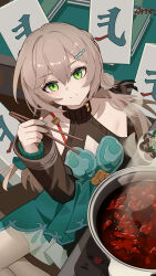 1girl absurdres ai_dongdong breasts brown_hair chopsticks cleavage closed_mouth detached_sleeves dress food green_dress green_eyes hair_ornament highres holding holding_chopsticks honkai:_star_rail honkai_(series) long_hair long_sleeves looking_at_viewer nail_polish pom_pom_(clothes) pom_pom_hair_ornament qingque_(honkai:_star_rail) small_breasts smile solo turtleneck