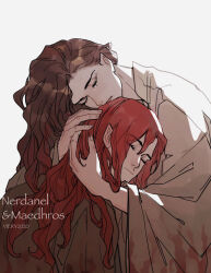Rule 34 | 1boy, 1girl, 2020, arms around neck, artist name, brown hair, character name, closed eyes, closed mouth, comforting, crying, dated, elf, eyebrows hidden by hair, eyelashes, eyes visible through hair, grey background, hair between eyes, hands on another&#039;s head, hug, long hair, maedhros, mother and son, nerdanel, nostrils, pointy ears, prince, red hair, simple background, the silmarillion, tolkien&#039;s legendarium, upper body, viery