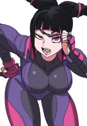 1girl bent_over black_hair breasts fingerless_gloves gloves han_juri hand_on_own_hip highres holding_eyepatch jumpsuit looking_at_viewer nasu_(ilo_a5) purple_eyes purple_jumpsuit raised_eyebrow street_fighter street_fighter_v