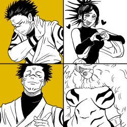 1boy 1girl 1other arm_tattoo black_hair breasts chimera_beast_agito_(jujutsu_kaisen) facial_tattoo fushiguro_megumi fushiguro_tsumiki jujutsu_kaisen large_breasts meme monster_girl oeoeoe_(fyzs5787) ryoumen_sukuna_(jujutsu_kaisen) spoilers tattoo upper_body yorozu_(jujutsu_kaisen)