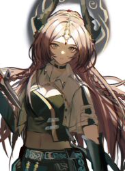 1girl anpoai arknights black_choker braid breasts brown_hair chinese_commentary choker chromatic_aberration cleavage cleavage_cutout clothing_cutout commentary_request freckles green_shirt highres jewelry jieyun_(arknights) long_hair looking_at_viewer medium_breasts midriff navel parted_bangs parted_lips shirt short_sleeves solo white_background white_shirt yellow_eyes