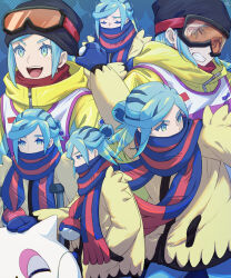 1boy beanie black_hat blue_mittens blue_scarf cetoddle clenched_teeth commentary_request creatures_(company) eyelashes game_freak grusha_(pokemon) hat highres holding jacket long_sleeves looking_down looking_to_the_side male_focus min_(myna8247) mittens nintendo open_mouth pants petting pokemon pokemon_(anime) pokemon_(creature) pokemon_horizons scarf striped_clothes striped_scarf sweatdrop teeth tongue trembling upper_teeth_only yellow_jacket zipper zipper_pull_tab