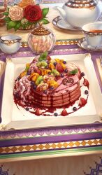 blueberry commentary cup fate/grand_order fate_(series) flower food food_focus food_request fruit kiwi_(fruit) kiwi_slice lasengle no_humans official_art pancake pancake_stack plate rose saucer spoon still_life strawberry strawberry_slice teacup teapot third-party_source