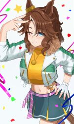 1girl absurdres animal_ears arm_behind_back atyattyan blue_eyes blush breasts brown_hair check_commentary commentary_request confetti cowboy_shot cropped_jacket gloves green_skirt hair_between_eyes hand_on_own_hip highres horse_ears horse_girl horse_tail jacket long_hair long_sleeves looking_at_viewer mejiro_palmer_(umamusume) multicolored_hair one_eye_closed open_clothes open_jacket open_mouth ponytail simple_background single_glove skirt smile solo streaked_hair tail umamusume v white_background white_gloves white_hair white_jacket