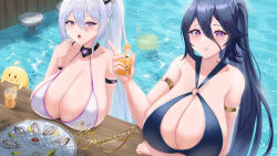 Rule 34 | 2girls, absurdres, alternate costume, anniversary, azur lane, bikini, black nails, blue bikini, blue hair, breast rest, breasts, cleavage, collarbone, commentary, cup, english commentary, food, fruit, gold armlet, hair between eyes, highres, holding, holding cup, huge breasts, kansas (azur lane), kearsarge (azur lane), lime (fruit), lime slice, long hair, long hair between eyes, manjuu (azur lane), multiple girls, mumei99, mussel, nail polish, o-ring, o-ring bikini, pool, purple eyes, seafood, swimsuit, upper body, very long hair, water, white bikini, white hair