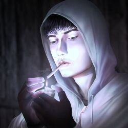 1boy black_eyes black_gloves black_hair blurry blurry_background cigarette cry_of_fear fingerless_gloves gloves glowing grey_hoodie highres holding holding_lighter hood hood_up hoodie lighter male_focus mole mxgx00 short_hair simon_henriksson smoking solo upper_body