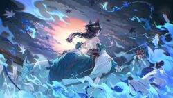 Rule 34 | 1girl, absurdres, animal ears, aqua tail, bell, black hair, blue fire, bow (weapon), chinese text, closed mouth, commentary request, fire, fox ears, fox tail, highres, holding, holding bow (weapon), holding weapon, ine (starward), jingle bell, kyusoukyu, long hair, long sleeves, looking at viewer, looking back, profile, red eyes, red hair, red ribbon, ribbon, solo, starward, tail, textless version, weapon, white sleeves