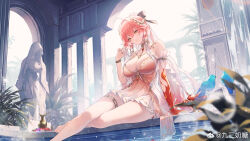 1girl absurdres ahoge apple bare_legs bare_shoulders barefoot black_bow body_markings bow braid breasts changli_(laurel_nymph)_(wuthering_waves) changli_(wuthering_waves) chinese_commentary cleavage collarbone colored_extremities commentary_request cup cutout_above_navel dress fingernails food fruit gradient_clothes gradient_dress grapes hair_between_eyes hair_bow hair_extensions head_wreath highres jiusan_naitang large_breasts legs long_hair multicolored_hair nail_polish official_alternate_costume orange_eyes parted_lips pink_hair pink_nails red_dress red_hands ring_hair_extensions sitting smile solo tacet_mark_(wuthering_waves) thighs twin_braids two-tone_hair very_long_hair water white_dress white_hair wuthering_waves