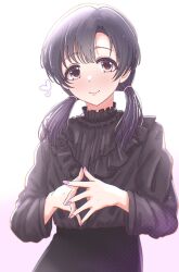 1girl alternate_hairstyle black_hair black_shirt blush grey_eyes heart highres idolmaster idolmaster_cinderella_girls looking_at_viewer low_twintails medium_hair own_hands_together shiragiku_hotaru shirt simple_background smile solo steepled_fingers thewatchertmk twintails upper_body white_background