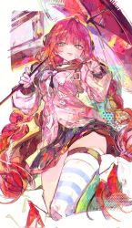 1girl black_skirt braid candy closed_mouth cocoballking commentary food green_eyes highres holding holding_candy holding_food holding_lollipop holding_umbrella lollipop long_hair long_sleeves looking_at_viewer low_twintails parasol red_hair single_thighhigh skirt smile solo striped_clothes striped_thighhighs symbol-only_commentary thigh_strap thighhighs tongue tongue_out twin_braids twintails ukinami_yuzuha umbrella very_long_hair zenless_zone_zero