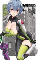 1girl absurdres adapted_costume asymmetrical_clothes ayanami_rei black_bodysuit black_collar black_gloves blue_hair blush bodysuit breasts collar gloves green_bodysuit green_thighhighs hair_between_eyes highres interface_headset_(evangelion) large_breasts leaning_forward light_smile looking_at_viewer multicolored_bodysuit multicolored_thighhighs neon_genesis_evangelion no_bra race_queen red_eyes road short_hair single_thighhigh skindentation solo standing standing_on_one_leg street thighhighs thighs umbrella wet.elephant