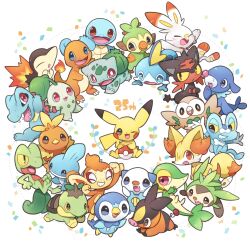 anniversary blue_eyes brown_eyes bulbasaur charmander chespin chikorita chimchar colored_sclera creatures_(company) cyndaquil fang fennekin froakie game_freak gen_1_pokemon gen_2_pokemon gen_3_pokemon gen_4_pokemon gen_5_pokemon gen_6_pokemon gen_7_pokemon gen_8_pokemon grookey highres litten mudkip nintendo no_humans okamori_kuo one_eye_closed open_mouth oshawott pikachu piplup poke_ball poke_ball_(basic) pokemon pokemon_(creature) pokemon_day popplio rowlet scorbunny snivy sobble squirtle tears tepig torchic totodile treecko turtwig yellow_sclera