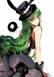 1girl animal_ears ass black_pantyhose blush c.c. code_geass creayus female_focus gloves green_hair hat high_heels long_hair looking_at_viewer pantyhose rabbit_ears simple_background solo spade twitter_username white_background yellow_eyes