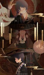 3boys absurdres adapted_costume black_hair black_hat black_kimono black_sleeves blunt_ends bottle cape character_name chinese_text clenched_teeth closed_eyes closed_mouth delusion_(genshin_impact) doll_joints eyeliner eyeshadow facing_viewer fan_print fatui_logo fox_mask genshin_impact gold grey_eyes grey_hair grey_kimono grey_veil hand_up hands_on_own_face hat head_tilt highres japanese_clothes jewelry jingasa joints juban kimono kuronushi_(genshin_impact) looking_at_viewer makeup mask momogourami multicolored_hair multiple_boys multiple_persona neck_ring oil-paper_umbrella oni_mask puppet_strings purple_rope red_cape red_eyeliner red_eyeshadow red_hat red_kimono red_rope rope scaramouche_(genshin_impact) see-through_clothes see-through_veil shaded_face shimenawa streaked_hair tears teeth translation_request two-tone_hat umbrella veil white_kimono white_rope