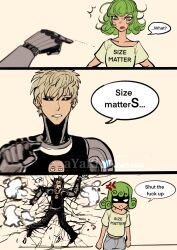 1boy 1girl anger_vein ayaki_blade black_sclera blonde_hair blue_shorts blurry colored_sclera comic commentary crack cracked_wall curly_hair cyborg earrings english_commentary english_text genos green_eyes green_hair highres jewelry midriff_peek one-punch_man pointing saitama_(one-punch_man) shaded_face shirt short_shorts shorts stud_earrings t-shirt tatsumaki twitter_username watermark