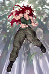1girl abs absurdres biceps blurry blurry_background boots breasts breasts_apart camouflage camouflage_pants clenched_hand collarbone commission forest full_body grin hand_up highres large_breasts long_hair looking_at_viewer military muscular muscular_female nature original outdoors pants pixiv_commission qtime_702 red_eyes red_hair smile solo