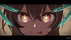 +_+ 1girl :p alternate_costume aqua_gloves backlighting brown_hair commentary crossed_bangs double_v eli_esat english_commentary gloves hololive hololive_english hoshino_ai&#039;s_pose idol_(yoasobi) letterboxed looking_at_viewer multicolored_hair nanashi_mumei oshi_no_ko pink_eyes pose_imitation star-shaped_pupils star_(symbol) streaked_hair symbol-shaped_pupils tongue tongue_out v virtual_youtuber