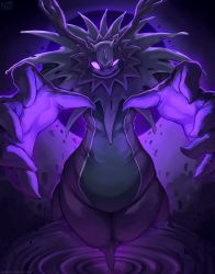 1boy artist_name cherubimon cherubimon_(vice) digimon digimon_(creature) evil_grin evil_smile fallen_angel floating floating_hair full_body glowing glowing_eyes glowing_hand grin horns looking_at_viewer monster monster_boy no_humans nurinaki open_mouth reaching reaching_towards_viewer shaded_face sharp_teeth simple_background smile solo teeth